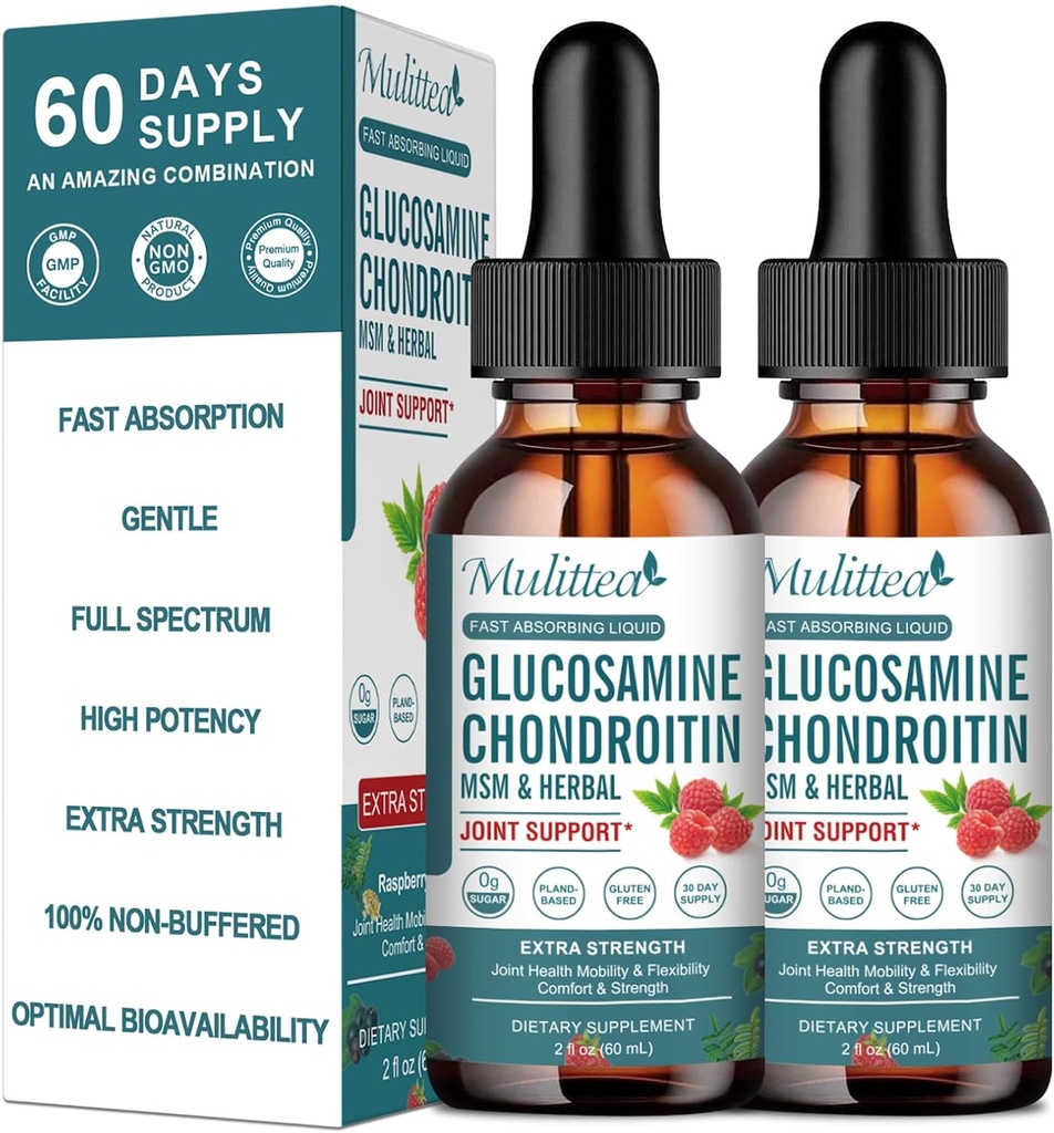 (2 Pack) Glukosamin Chondroitin MSM Liquid Drops - Extra Strength Joint Support Supplement med Elderberry, Boswelia, Bromelain, Hyaluronic Acid - Antioxidant Immune Support för vuxna, Män & Kvinnor