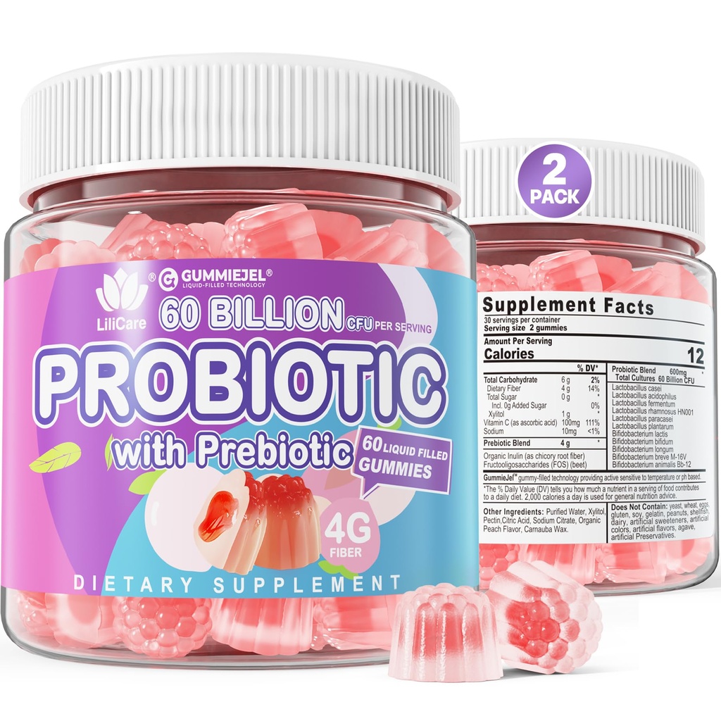 2Pack Probiotic + Prebiotika Gummies Sugar Free 60 Billion CFU, 11 Strains Probiotics Fylld Gummies för kvinnor Män Digestive Health och Gut Health, Stöder förstoppning, Diarré, Gas & Bloating