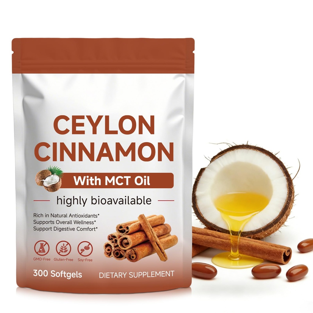 Ceylon Cinnamon Capsules with MCT Oil, 600mg, 300 Softgels | Daily Cinnamon Supplement for Adults, Non-GMO, Gluten-Free