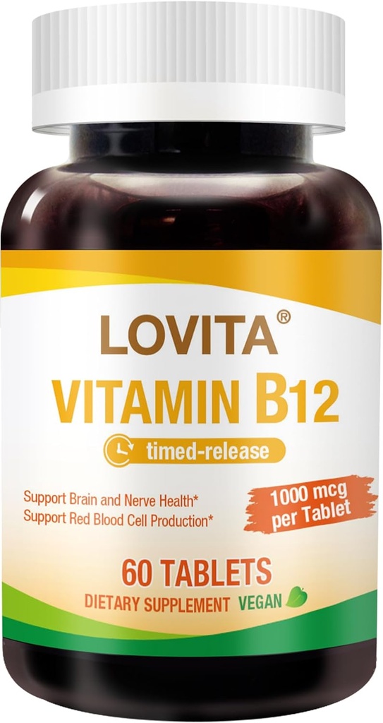 Lovita Vitamin B12 1000 mcg (B12 Vitaminer som Cyanocobalamin), Timed Release B12, Vegan-Friendly, stöder nervsystemet, 60 vegetariska tabletter (2 månads leverans)