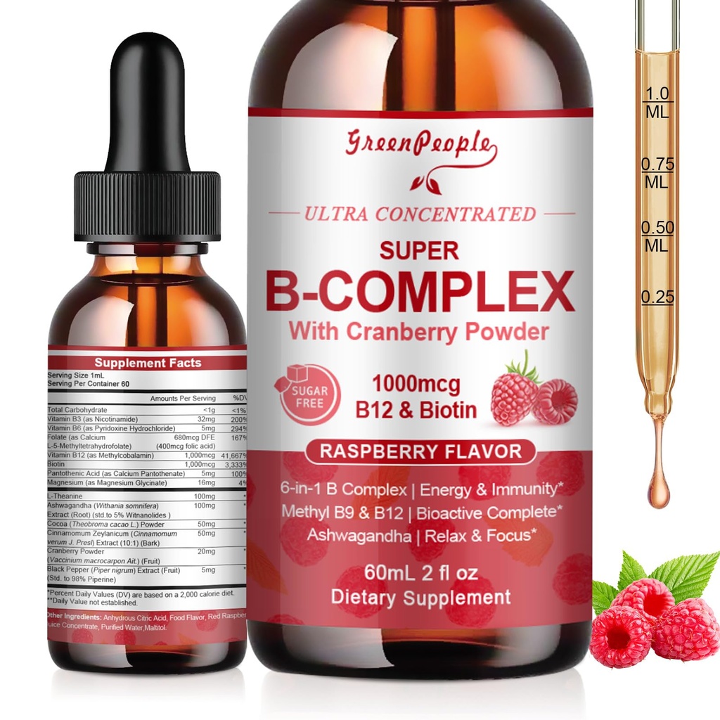 GREENPEOPLE Vitamin Methylated B Complex | Methyl B12 + L-Methyl Folate | Support Energy Metabolic, Immunity & Cognitive | 6 Super B Complex w/Mg, Ashwagandha & L‑Theanine for Women -Vegan, 2fl