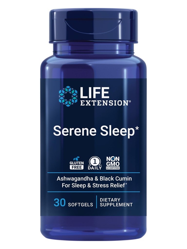 Livslängd Serene Sleep - Ashwagandha, svart kumin - Sömntillskott, lugn, avslappning, sömnstöd utan melatonin - Once-Daily, glutenfri, icke-GMO - 30 Softgels