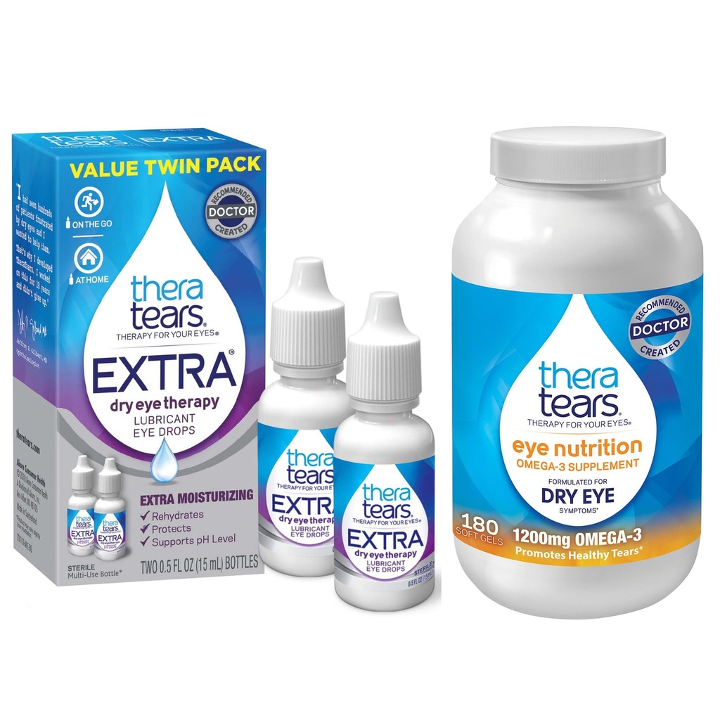 TheraTears 1200mg Omega 3 Supplement for Eye Nutrition, Organic Flaxseed Triglyceride Fish Oil och Vitamin E, 180 greve med Thera Tears Eye Drops för torra ögon, 0,5 Fl Oz, 15 Ml, 2 Pack