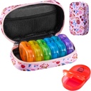 Serfeymi Weekly Travel Pill Organizer 2 Times A Day AM PM Upgraded Rainbow Pill Box 7 Day with Portable Zipper Canvas Pill Case, Medicine Organizer for Pills, Vitamins, Fish Oils - Pink 01