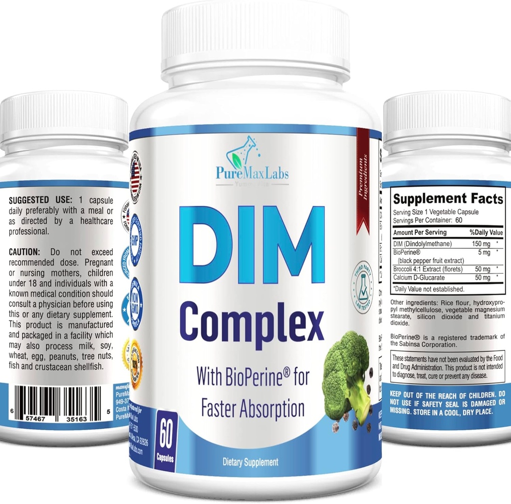 DIM Supplement - 150mg DIM (diindolylmetan), Broccoli, Calcium D-Glucarate & Bioperine - Hormonbalans för män och kvinnor, östrogen, Menopause Balance - 60 kapslar
