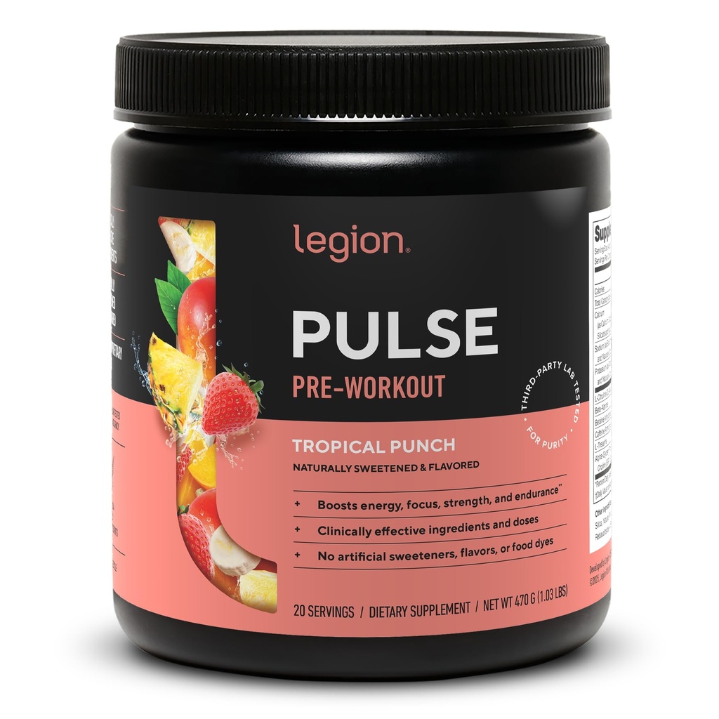 LEGION Pulse Pre Workout - All Natural Nitric Oxide Preworkout Drink för att öka energi, kreatinfri, naturligt sötad, Beta Alanine, Citrulline, Alpha GPC (Tropical Punch)