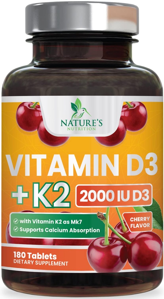 Vitamin D 2000 IU 50mcg Per Tablet - Vitamins D3 & K2 (MK7) Komplext tillskott för ben, tänder, muskel, kalciumabsorption, stöder immun & hjärthälsa, tuggbar formel USA Bottled - 180 tabletter