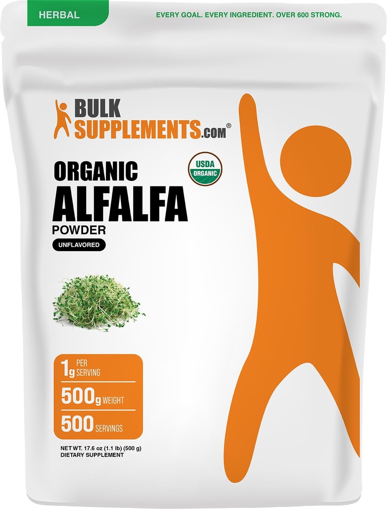 BulkSupplements.com Organic Alfalfa Grass Powder - Alfalfa Supplement, Green Superfood Powder - Vegan & Gluten Free, 5g per Servering, 500g (1.1 lbs) (Pack of 1)
