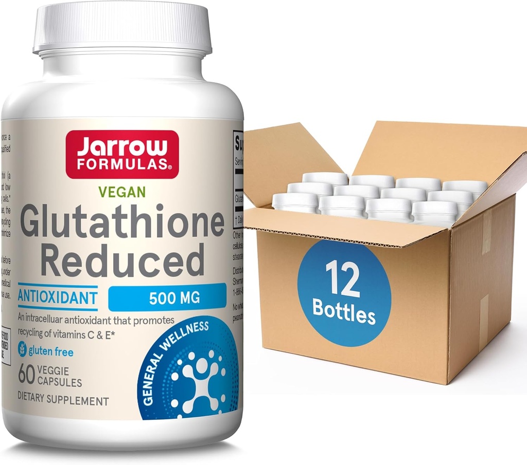 Jarrow Formulas Glutathione Reduced 500mg- 60 Veggie Capsules- Intracellular Antioxidant-kvalitet Glutathione Supplements- Stöder Återvinning av vitaminer C & E- Icke-GMO- Gluten Free- Vegan, Pack med 12