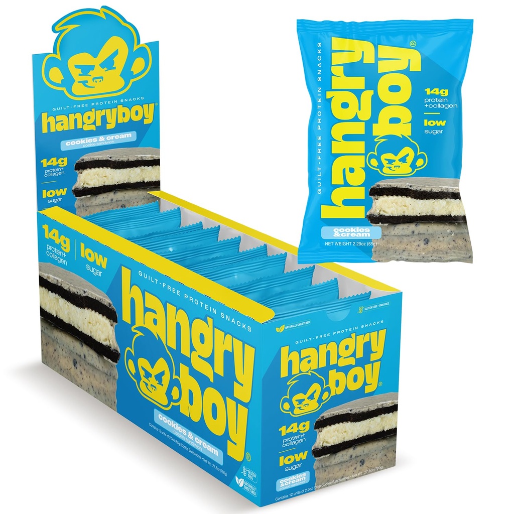 Hangryboy Protein Cookie Sandwich – 14g High Protein, Gluten‑Free, GMO‑Free Cookies - Perfect on The Go Protein Snack, Cookies and Cream, 12‑Count Box