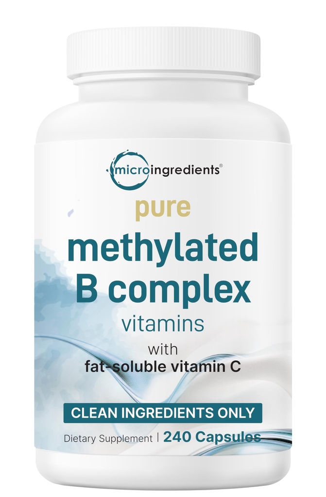 Micro Ingredients Pure Methylated B Complex, 240 kapslar | 11-i-1 Formel med B12, Thiamin, Folate, Inositol, Choline & Vitamin C | Stöder energi, humör och nervhälsa | Filler Gratis, icke-GMO