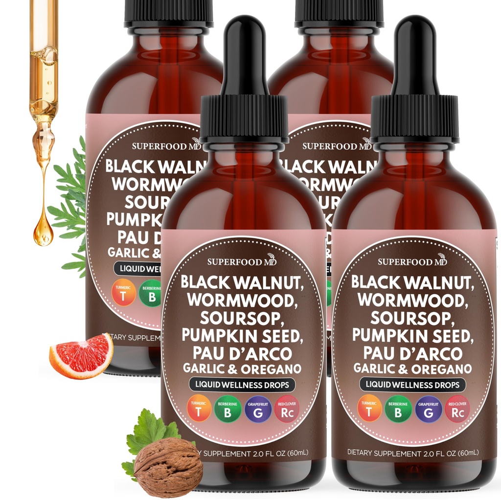 Wormwood Black Walnut Cleanse for Humans Drops Liquid Soursop Garlic Pumpkin Seed PAU D'Arco Oil of Oregano Turmeric Berberine Neem Extract Hull Bark Tincture - 8 oz