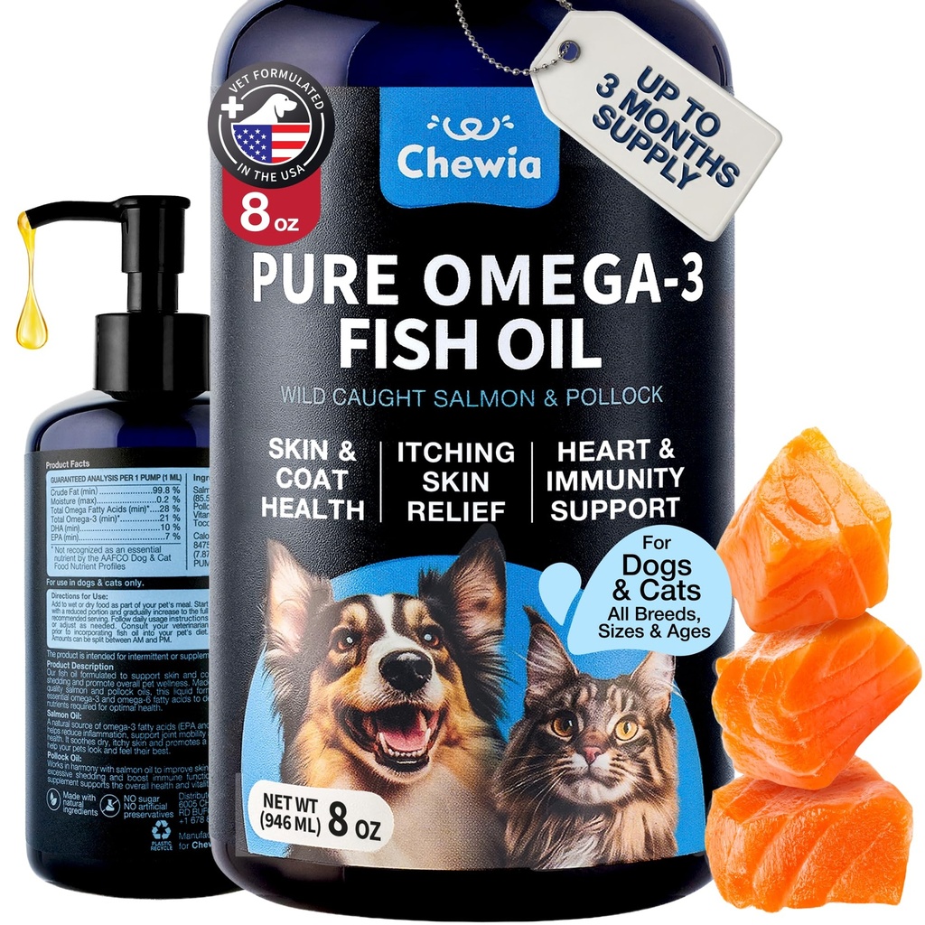 Omega 3 Fish Oil for Dogs and Cats - Healthy Skin and Coat Support Supplement - Omega 3 6 9 EPA DHA Fatty Acids - Itchy Skin, Shedding, Immunity, Joint - Wild Caught Salmon and Pollock Food Topper
