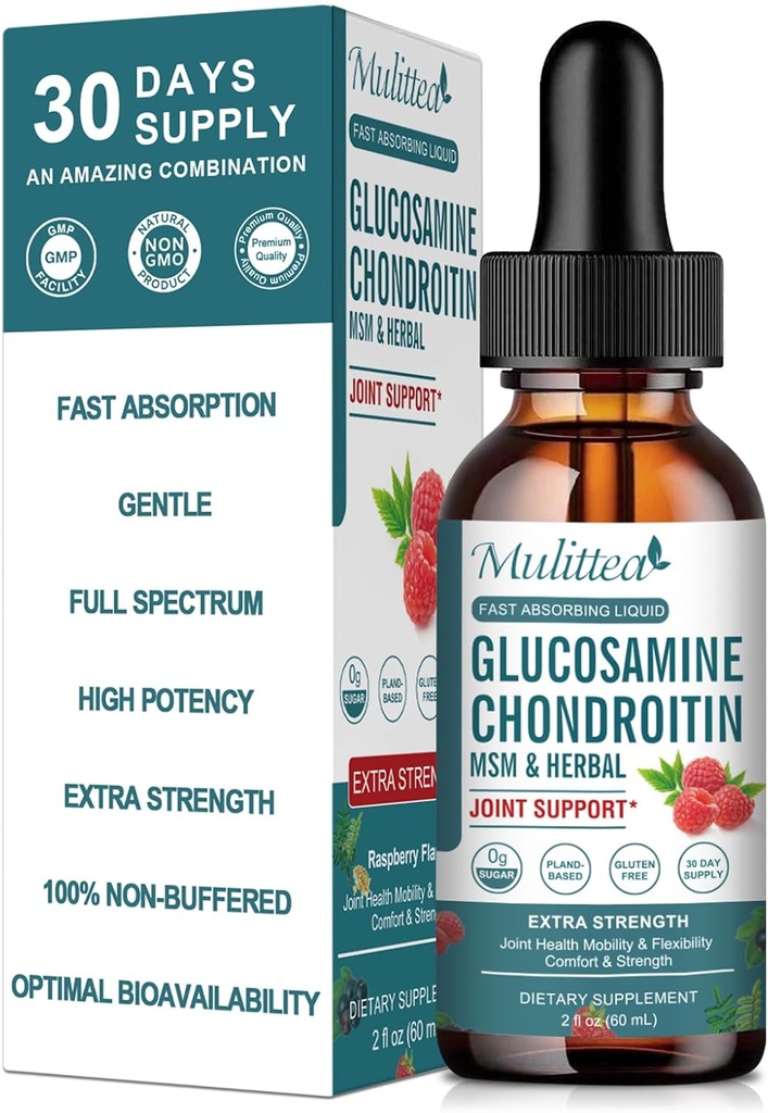 Glukosamin Chondroitin MSM Liquid Drops-w/Elderberry, Boswelia &Hyaluronic Acid-Extra Strength Joint Support Supplement for Mobility, Flexibility & Bones, Hög Absorption,60ml (2 fl oz)