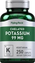 Piping Rock Chelated Potassium Supplement 99mg | 250 Caplets | Kaliumglukonat | Vegetarisk, icke-GMO, Gluten Free