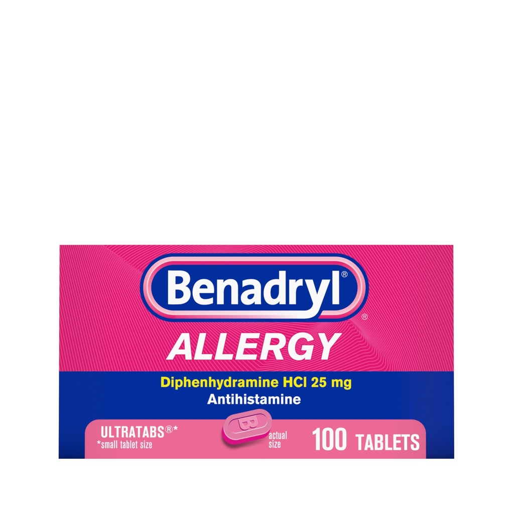 Benadryl Ultratabs Allergy Medicine, 25 mg Diphenhydramine HCl Antihistamin tabletter för kall och allergi lindring av symtom som Sneezing, Runny Nose, Itchy Eyes & Throat, Hay Fever, 100 greve tabletter