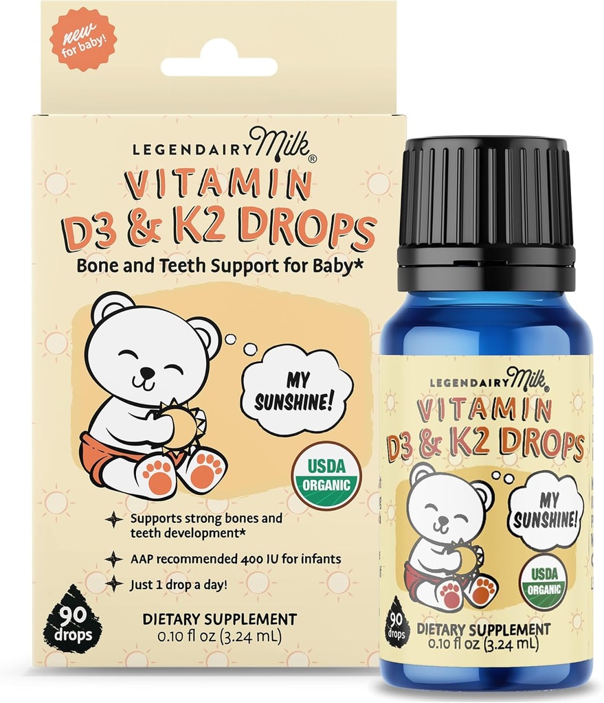 Legendairy Milk Organic Baby Vitamin D3 K2 Liquid Drops, 400 IU of Baby Vitamin D Drops for Infants with K2 Drops, Vitamin D Drops for Newborns, Toddlers, and Kids, Vegan, 90 Drops Liquid
