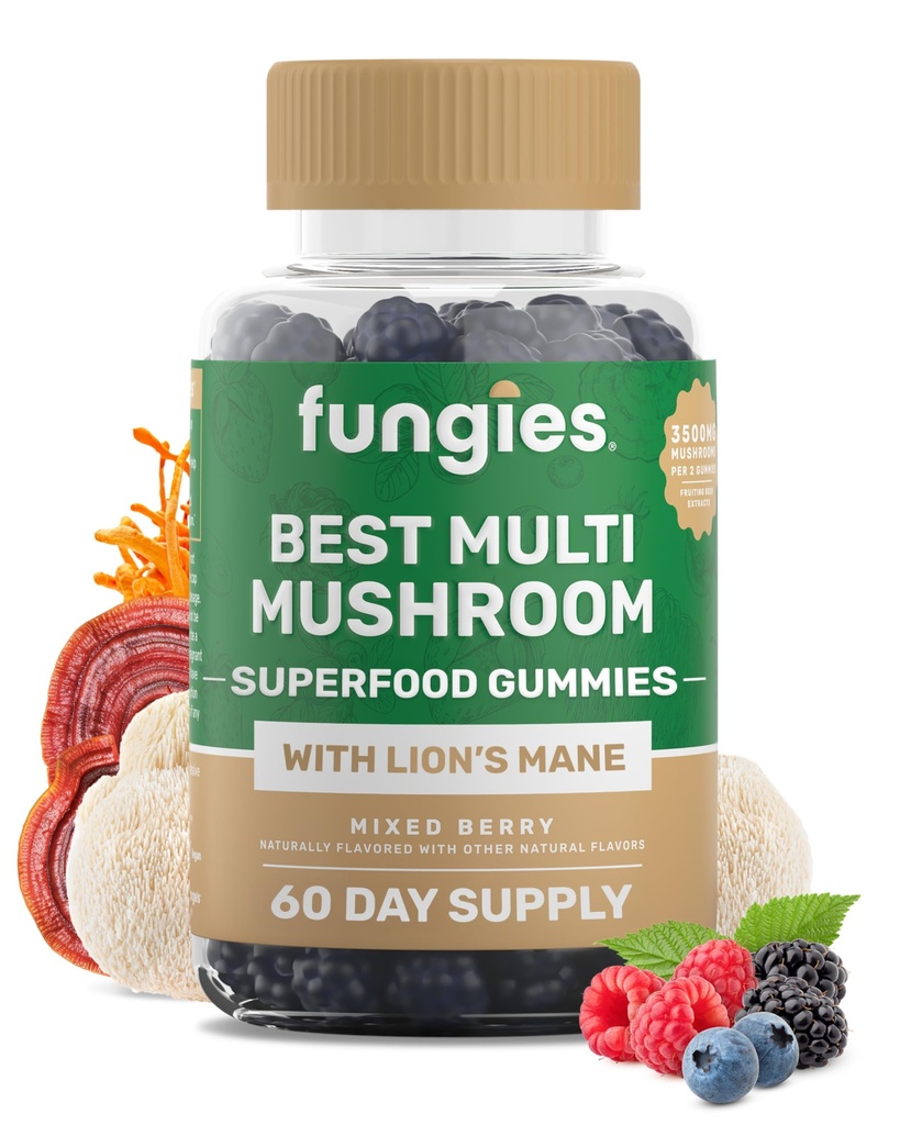 Fungies Multi Mushroom Gummies för män och kvinnor - Mushroom Supplement innehåller Lion's Mane, Cordyceps, Reishi, Chaga, Shiitake, Maitake & Turkey Tail - Gelatin-Free, Gluten-Free & Vegan Gummy Vitamins
