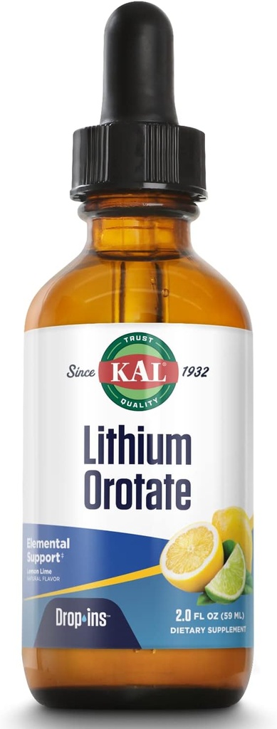 KAL Lithium Orotate Dropins, Chelated | Mood & Relaxation Support | Natural Lemon Lime Flavor | 2oz, Cirka 60 Serv.