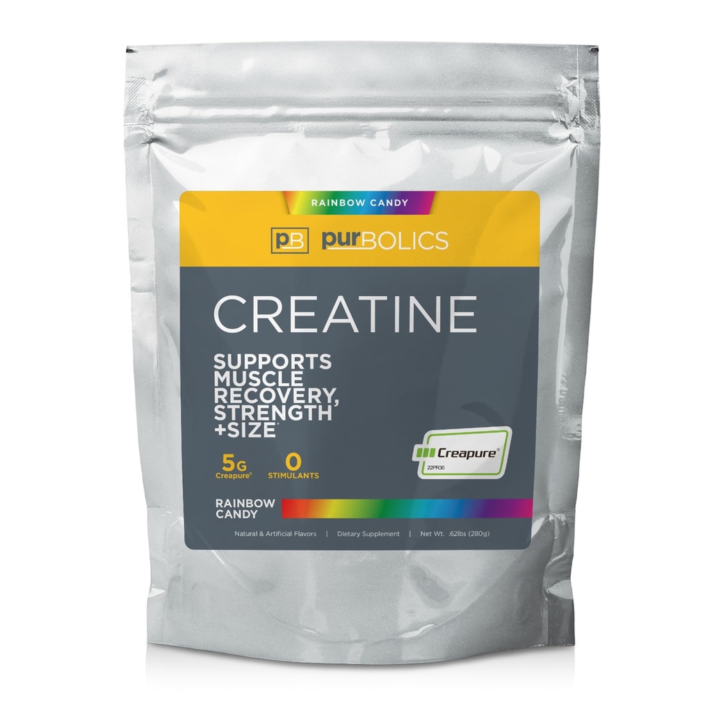 Purbolics Creapure Creatine Monohydrate, Micronized Creatine 5g, Elevate Workout Performance and Recovery, Build Strength, Enhance Pumps (50 portioner, Rainbow Candy)