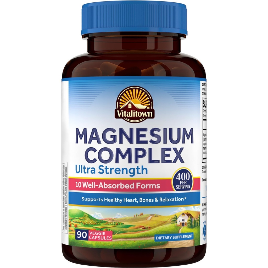 Vitalitown 10 i 1 Magnesiumkomplexttillägg - 400mg Elemental Magnesium Chelated med Glycinate, Citrate, Malate, Taurate & More - för Sleep Heart Energy - Non-GMO, Vegan, 90 Caps