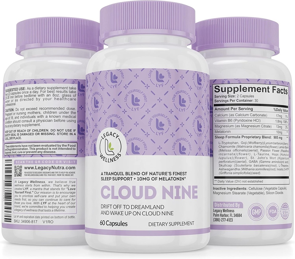 Cloud 9 - All Natural Sleep Aid Supplement - Slappna av Vitamin & Herbal Formel - 10mg Melatonin Calcium Magnisium L-Theanine 5-HTP GABA St John's Wort Ashwagandha Chamomile & More 60 Vegan Capsules