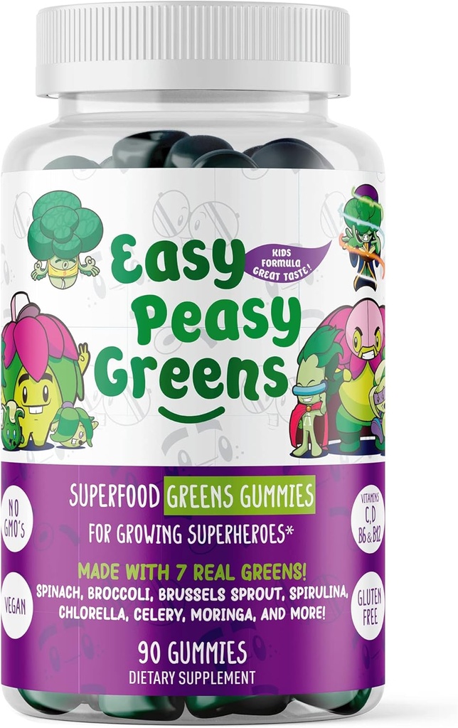 EasyPeasyGreens Daily Veggie Gummies för barn - 90 gröna gummies - hjälper picky ätare att få sina grönsaker i - tillverkade med 10 riktiga grönsaksextrakt och 100% Vegan
