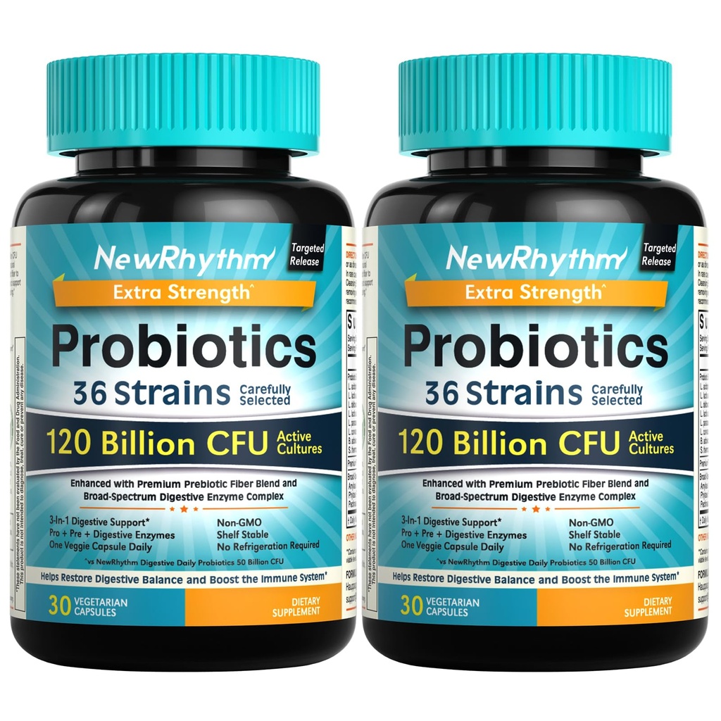 NewRhythm Probiotics 120 Billion CFU 36 Strains, 3-in-1 Probiotics for Digestive Health & Immune Support with Prebiotics & Enzymes, Probioticos for Women & Men, Vegan Targeted Release Supplement, 60ct