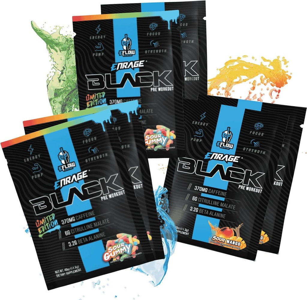 eFlow Nutrition ENRAGE Black Preworkout Sample Packs - Travel Packs - High Stim Energy, Pump, Strength, Endurance, Focus, Nootropic Formula - Sour Gummy & Sour Mango Flavor (6 Packs)