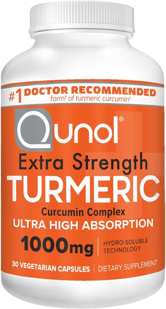 Qunol Turmeric Curcumin Capsules, 1000mg Extra Strength Supplement, Patented Hydro-Soluble Technology, alternativ till gurkmeja Curcumin med Black Pepper, 30 Veggie Capsules