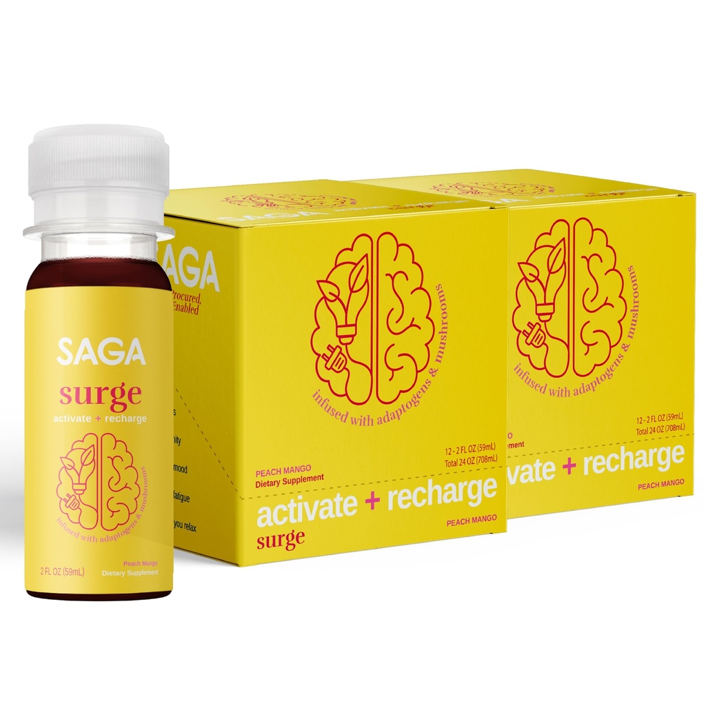 SAGA Surge Organic Energy Shots | Performance Drink | Yerba Mate & Alpha GPC Supplement with CoQ10, Turmeric & Mushrooms | High Bioavailability & Fast Onset | Pre Workout Boost Drink for Focus, Endurance & Performance | Peach Mango 2oz Shots