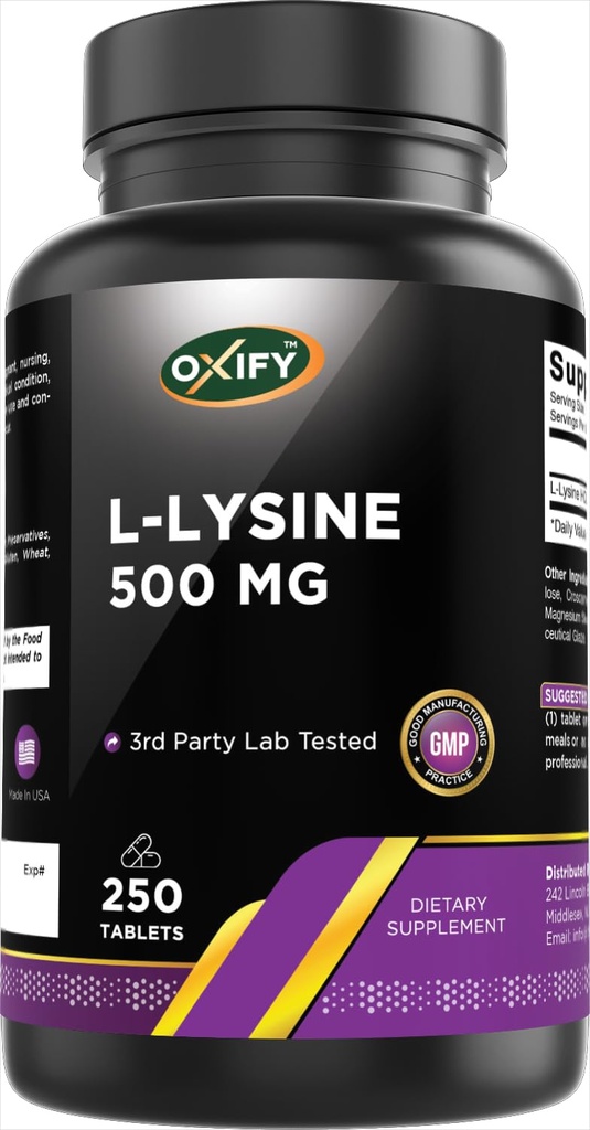 Oxify L-Lysine 500 mg | 250 Tablets | Gluten-Free, Non-GMO | Supplement Made in USA