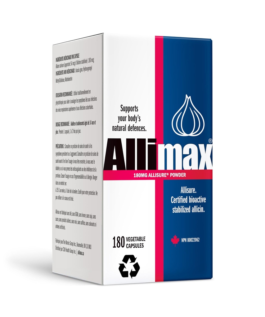 Allimax 180mg 180 kapslar. Stöder din kropps immunfunktion genom naturlig allicin, en potent organosulfurförening extraherad från ren och hållbar spansk odlad vitlök.