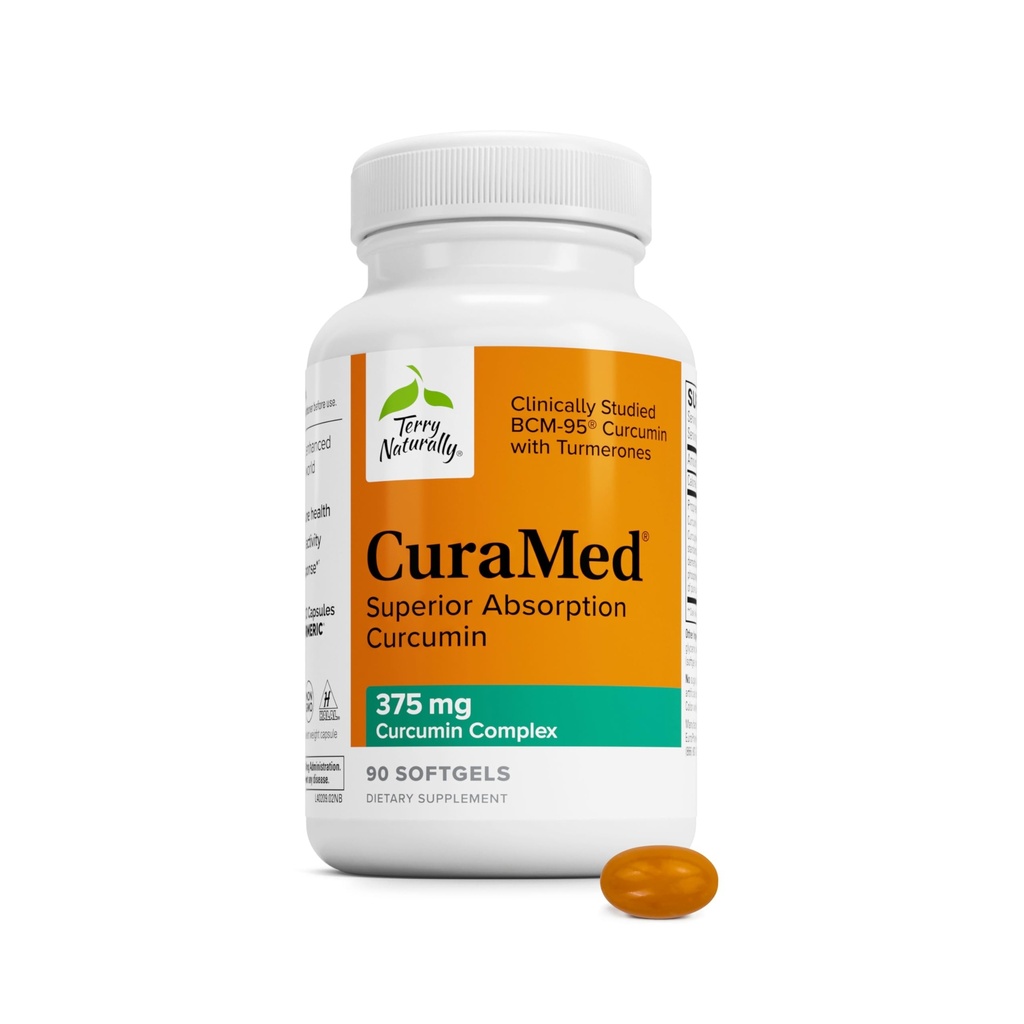 Terry Naturligt CuraMed 375mg - Antioxidant Supplement för hjärn- och immunhälsostöd - Kosttillskott med Curcumin & Turmeric Essential Oil - Herbal Liver Support - 90 Softgels