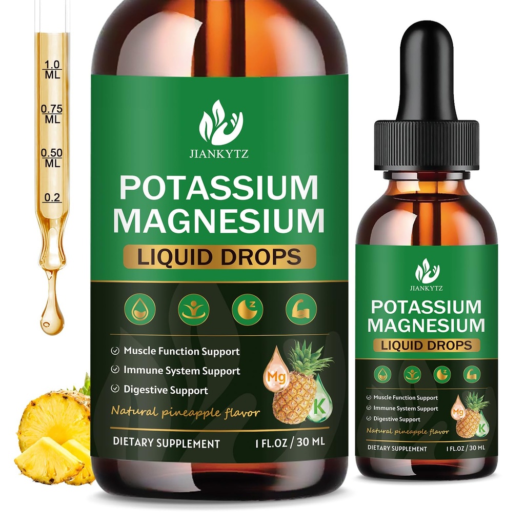 (2 Pack) Kalium Magnesium Supplement för Immune Health & Muscle Support, Hög Absorption, Triple Magnesium Komplex med Glycinate, Taurat, Citrat och kalium, Pineapple Flavour, 1 Fl Oz