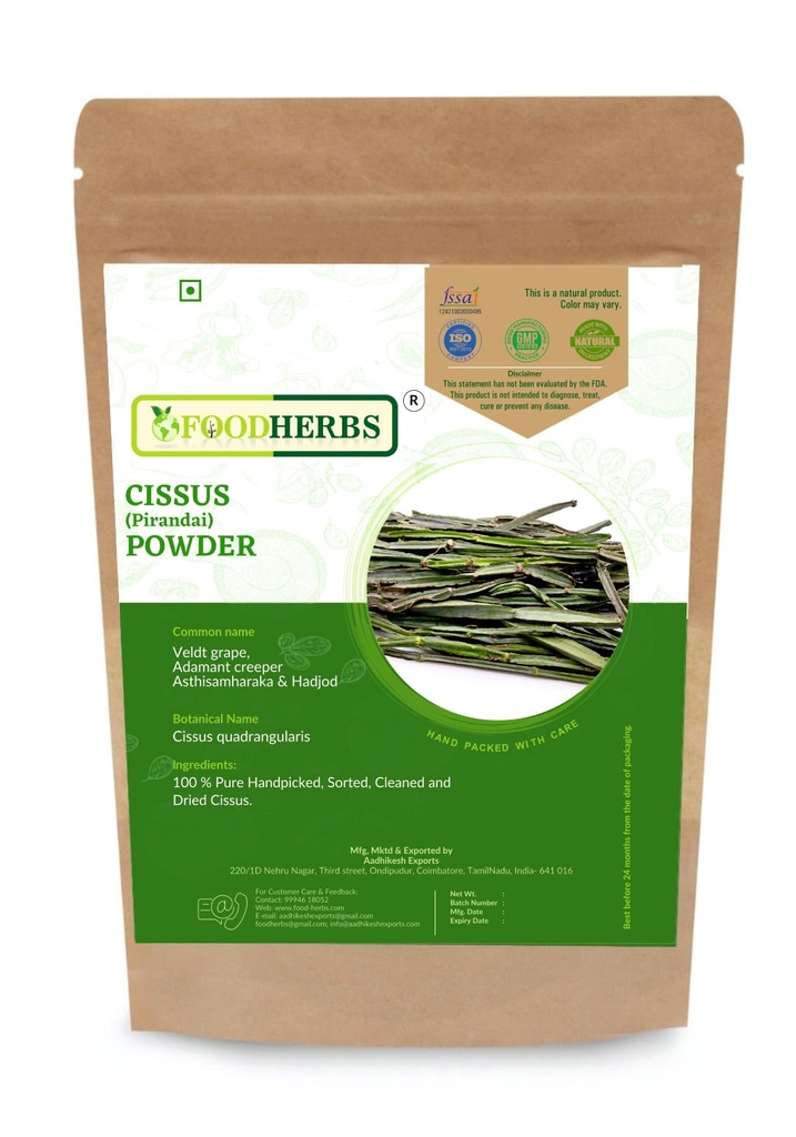 Foodherbs Cissus Quadrangularis Powder | 200 GMS / 0,44 Lbs | för Bone Wellness | Hadjod | Pirandai | Veldt Grape | Adamant Creeper