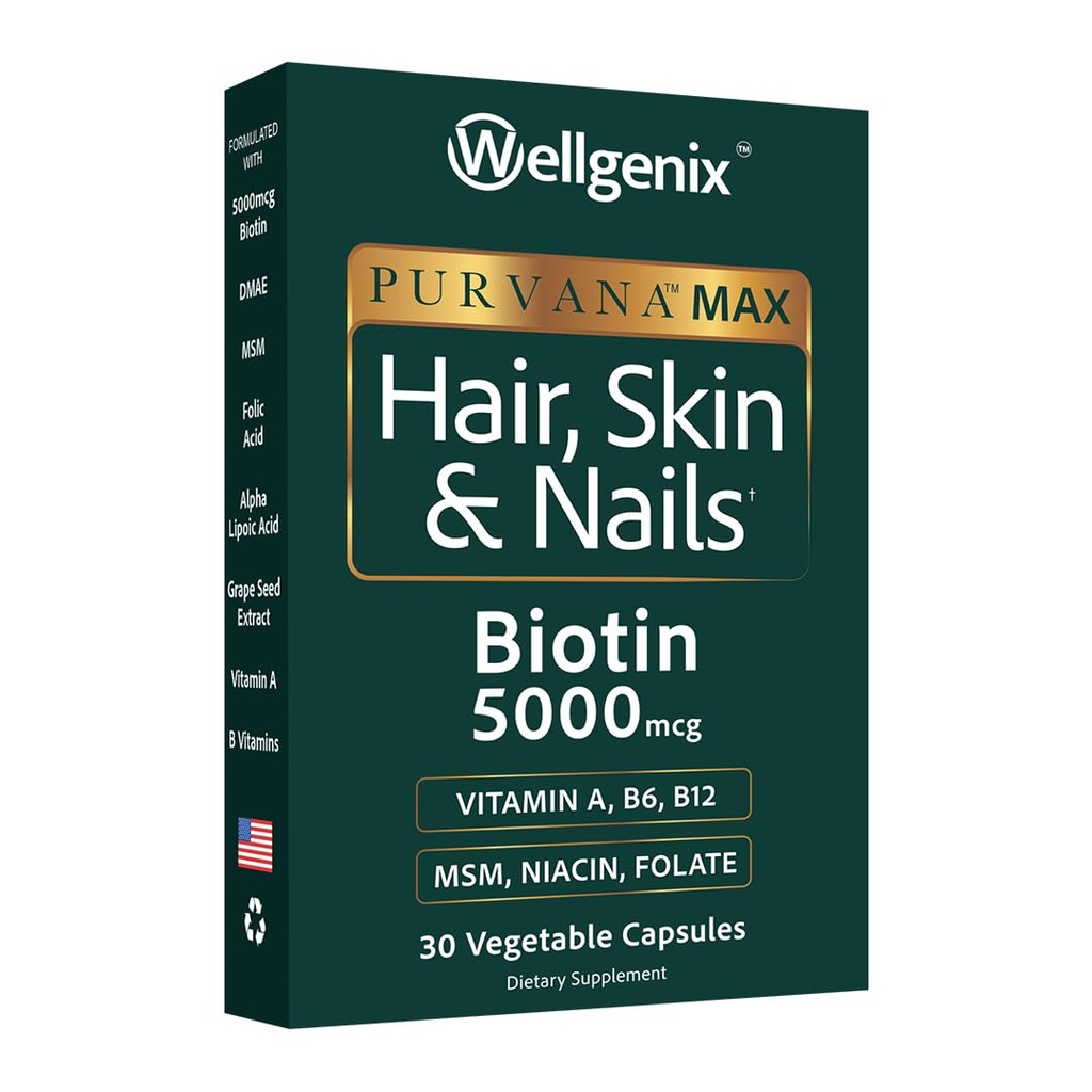 Wellgenix Purvana Max Hair, Skin och Nails Vitamin - Double Strength Biotin 5000 MCG, VIT A & B, Folic Acid, Grape Seed Extract - Hair Support Supplement -30 Capsules (Pack of 1)