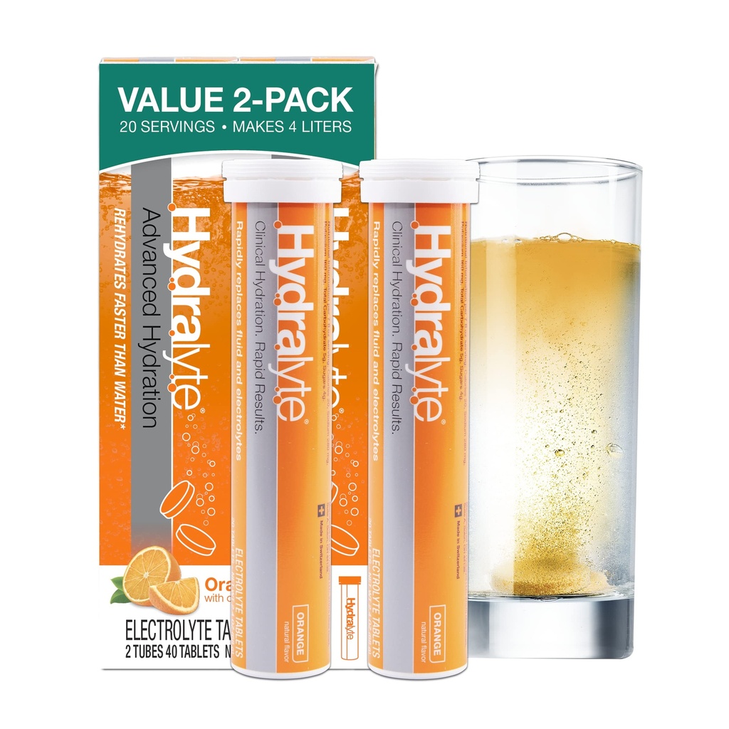 Hydralyte Electrolyte tabletter | 40 Orange Electrolytes | Airplane Travel Essential för snabb rehydrering | Hydration tabletter - Instant Dissolve Electrolytes (20 portioner, 2 tabletter per portion)