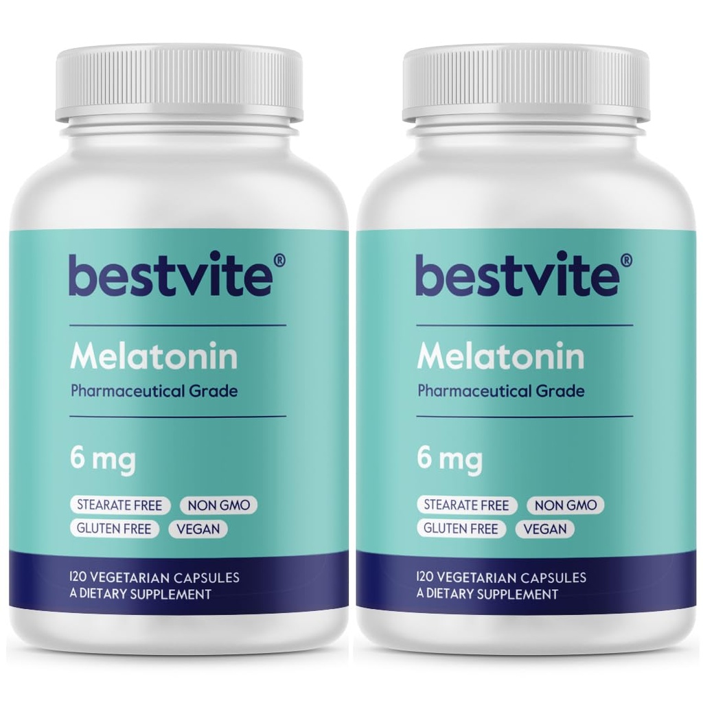 BESTVITE Melatonin 6mg (240 vegetariska kapslar) (120 x 2) - No Stearates - Vegan - Non GMO - Gluten Free