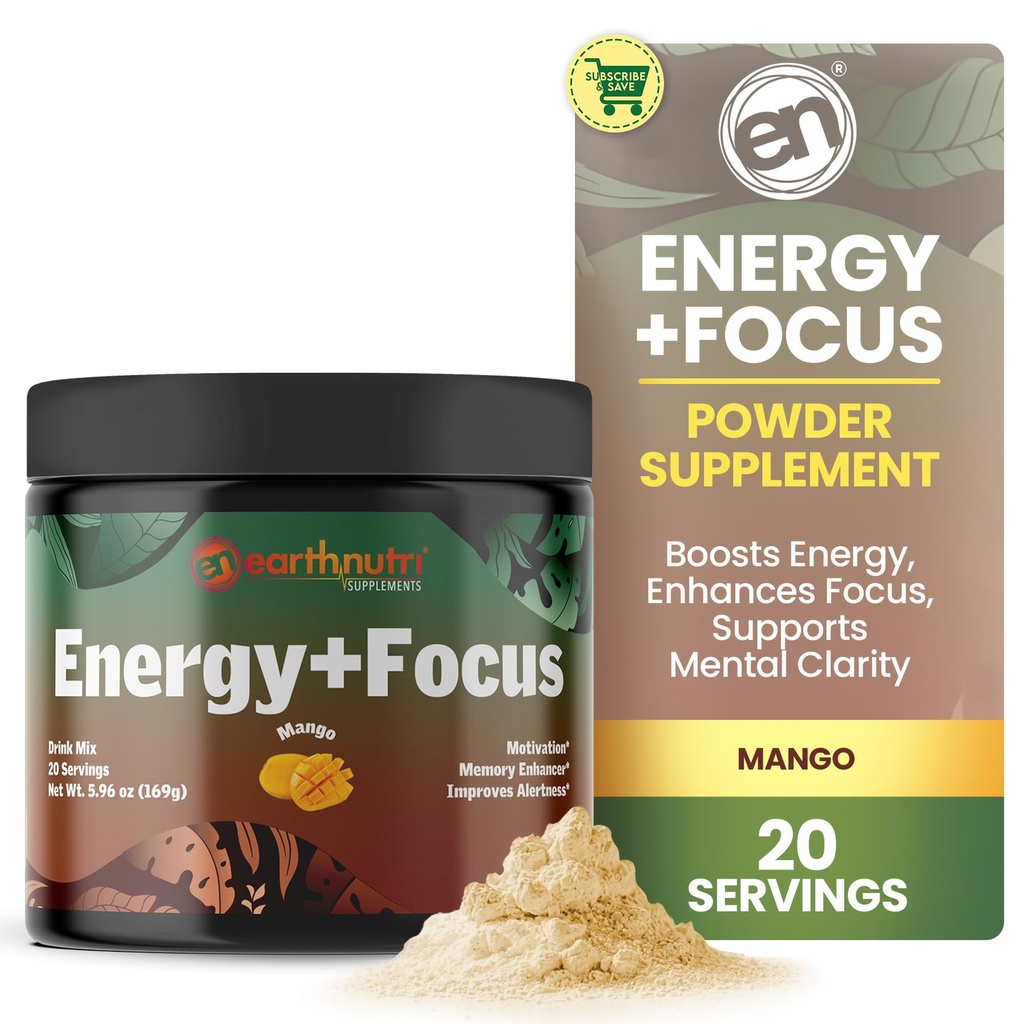 EarthNutri Energy + Focus Powder Supplement - Energy Boost & hjälper koncentration med PeakO2, AlphaSize, Cognizin, PurCaf, Theacrine, Acetyl L-Carnitine L-Tyrosine - Mango Flavor - 20 portioner (171g)