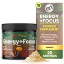 EarthNutri Energy + Focus Powder Supplement - Energy Boost & hjälper koncentration med PeakO2, AlphaSize, Cognizin, PurCaf, Theacrine, Acetyl L-Carnitine L-Tyrosine - Mango Flavor - 20 portioner (171g)