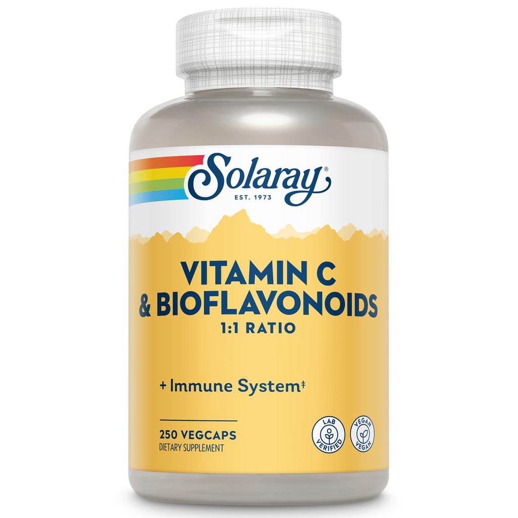 SOLARAY Vitamin C 500mg med Citrus Bioflavonoider, 1:1 Ratio - Antioxidant och Immune Support Supplement - Vitamin C med Rose HIPS och Acerola, Vegan, 60-Day garanti, 125 portioner, 250 VegCaps
