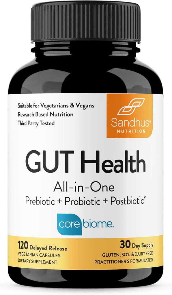 Sandhu's Gut Health - Prebiotic, Probiotic, Postbiotic & L-Glutamine | Digestive Health, Colon, Probiotic Total Supplements | 120 Försenade Release Capsules