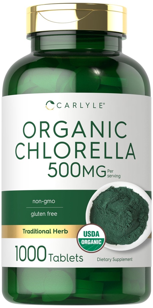 Carlyle Chlorella tabletter Organic 500 mg | 1000 greve | Vegetarisk, icke-GMO och Gluten fri tillägg
