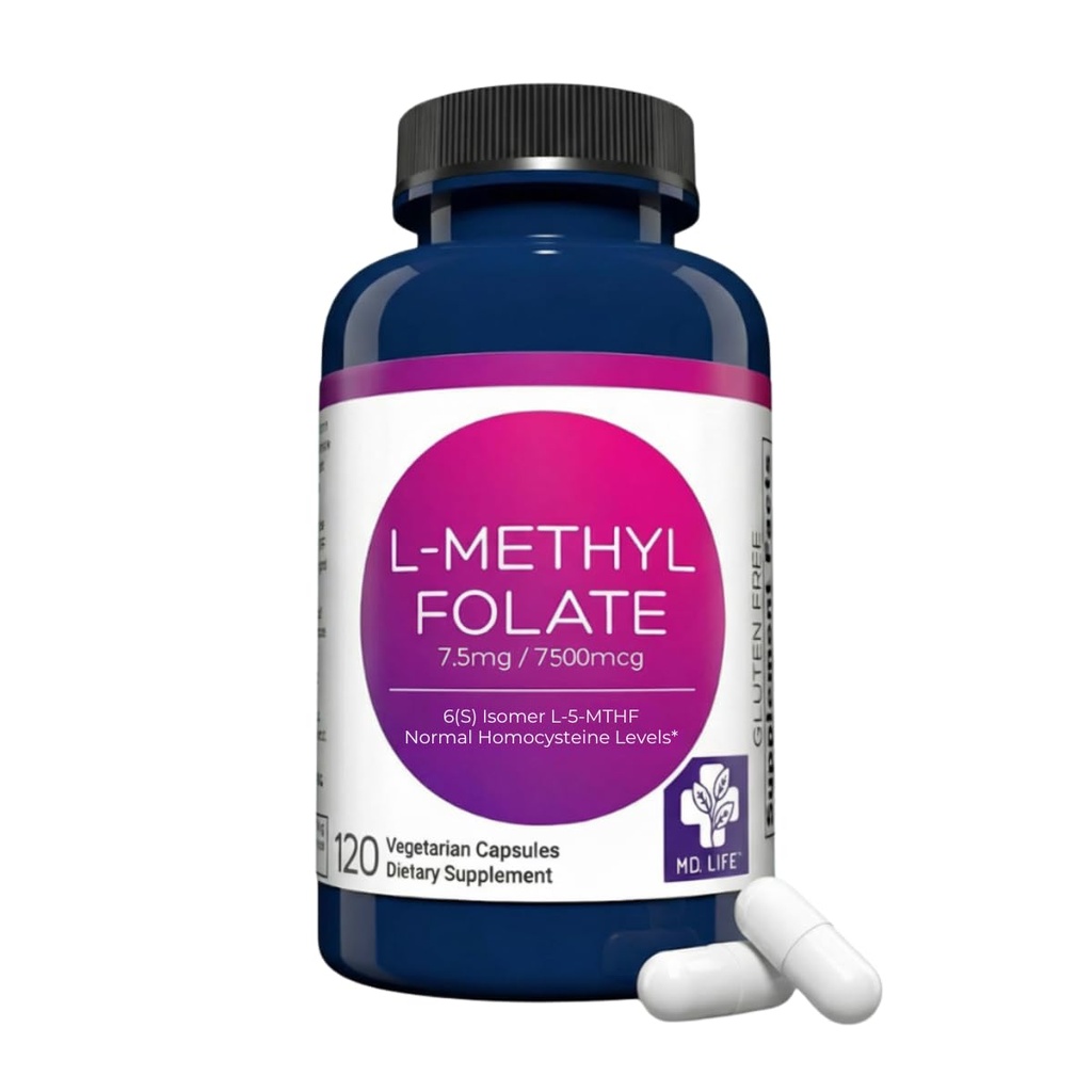 MD Life L-Methylfolate 7,5 mg Supplement - Professional-Grade Active L Methylfolate Supplement - 90 kapslar - L-Methylfolat 7,5 mg - Maximal Potency MTHFR W / Essential Amino Acids