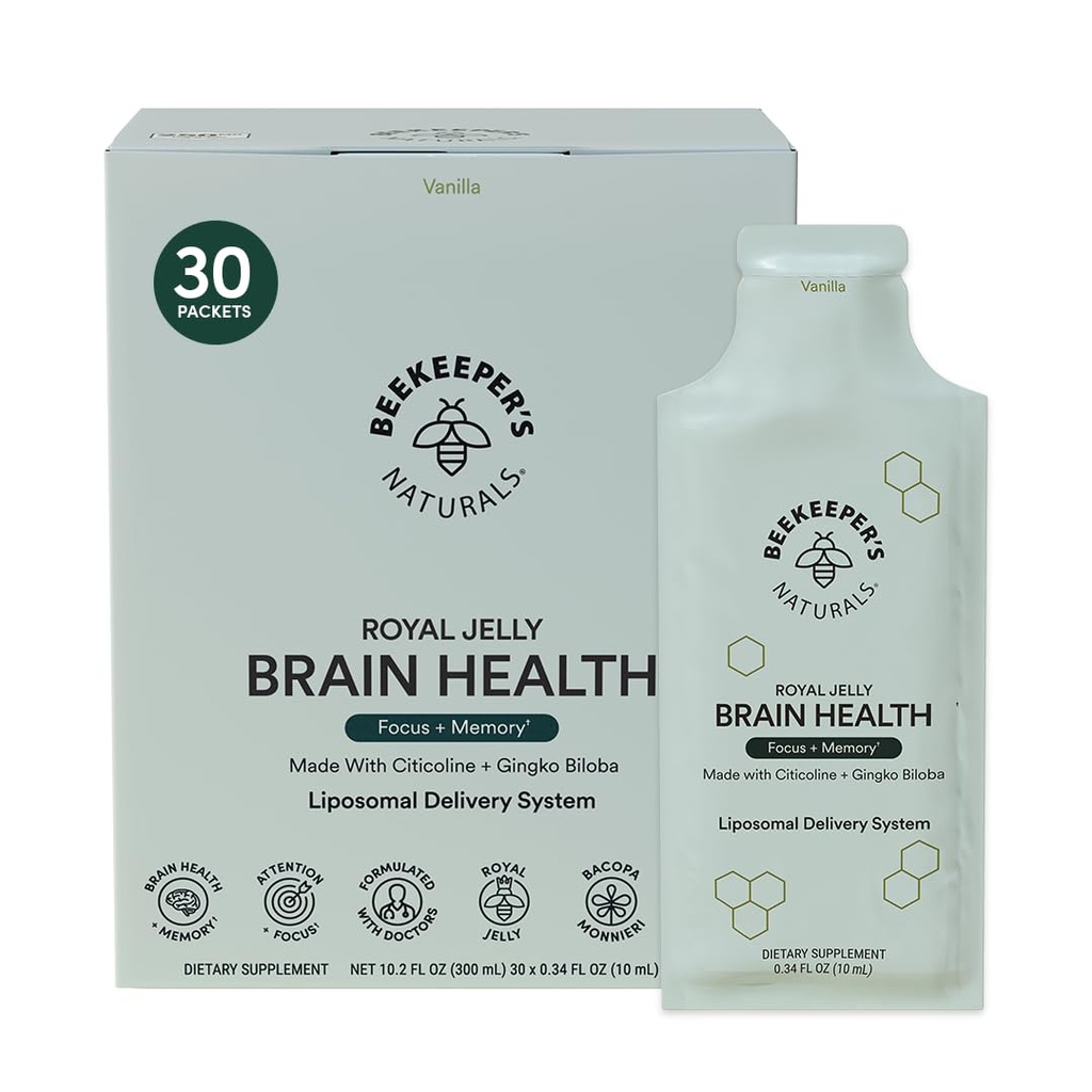 Nootropic Brain Supplement av Beekeepers Naturals, 500mg Citocoline, Ginkgo Biloba, Bacopa Monnieri & Royal Jelly, stöder Focus & Memory, Easier Absorption, Plus en Tasty Vanilla Flavor, 30ct