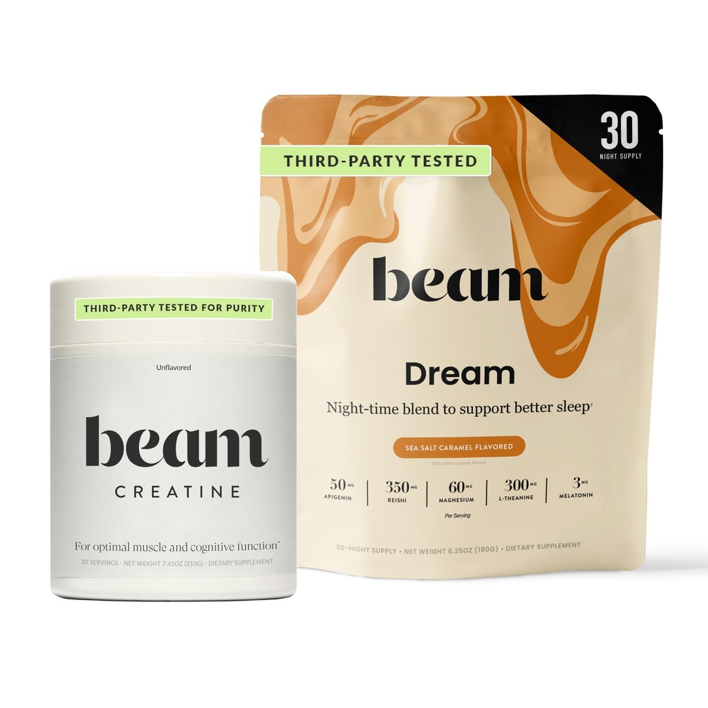 Beam Dream Sleep Powder & Creatine Bundle, Tredjepartstestade Natural Sleep Aid & Recovery Supplement med Micronized Creatine Monohydrate, Unflavored Pure Creatine Powder för muskelstyrka, energi