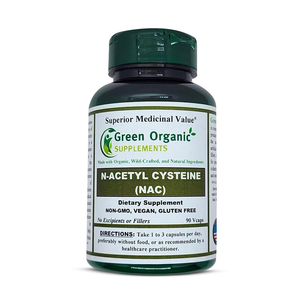 Green Organic Supplements N-Acetyl Cysteine (NAC), 90 VCaps, High Absorbable, Non-GMO, Gluten-Free | Balance Immune System och stöder hälsa (Pack av 1)