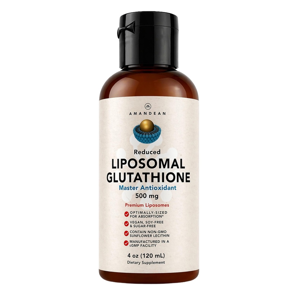 Amandean liposomal glutation tillägg. Liquid Reduced Setria 500mg. Immune Support, Brain Health, Liver Detox, Skin Health. Fosfatidylkolin från Non-GMO Sunflower Lecithin. Soy-Free och Vegan.