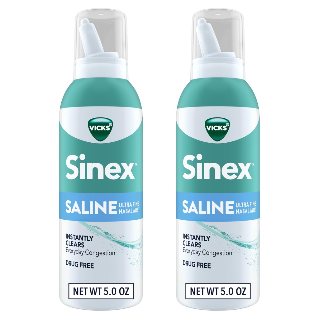 Vicks Sinex SALINE Nasal Spray, Drug Free Ultra Fine Mist, Clear Everyday Sinus Congestion Snabb, Clear Mucus från en kall eller allergi, daglig användning 5.0 fl oz x 2